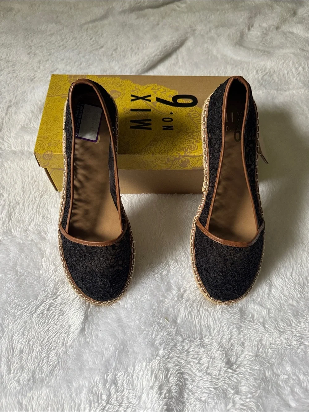 Mix No. 6 Black Lace Espadrille Flats with Brown Trim